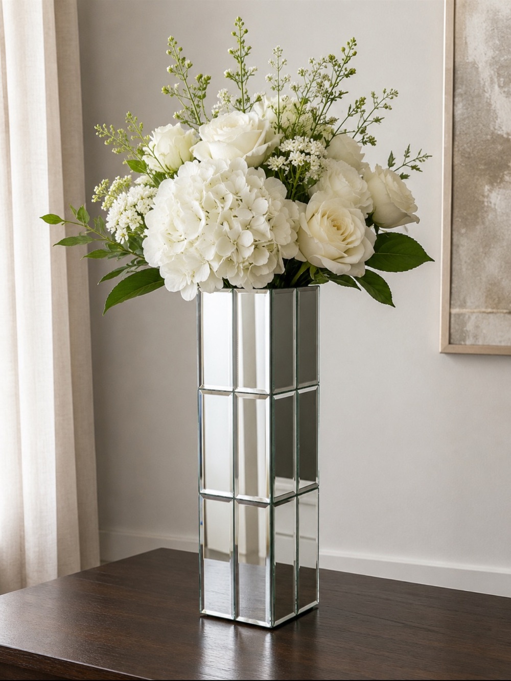 Tall Mirrored Glass Column Vase  15” geometric floral decor silver
